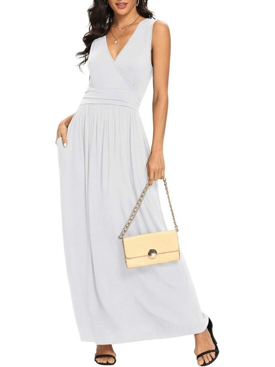 Lilbetter Dresses & Skirts - Lilbetter Women's White Sleeveless Deep Neck Loose Plain Long Maxi Casual Dress